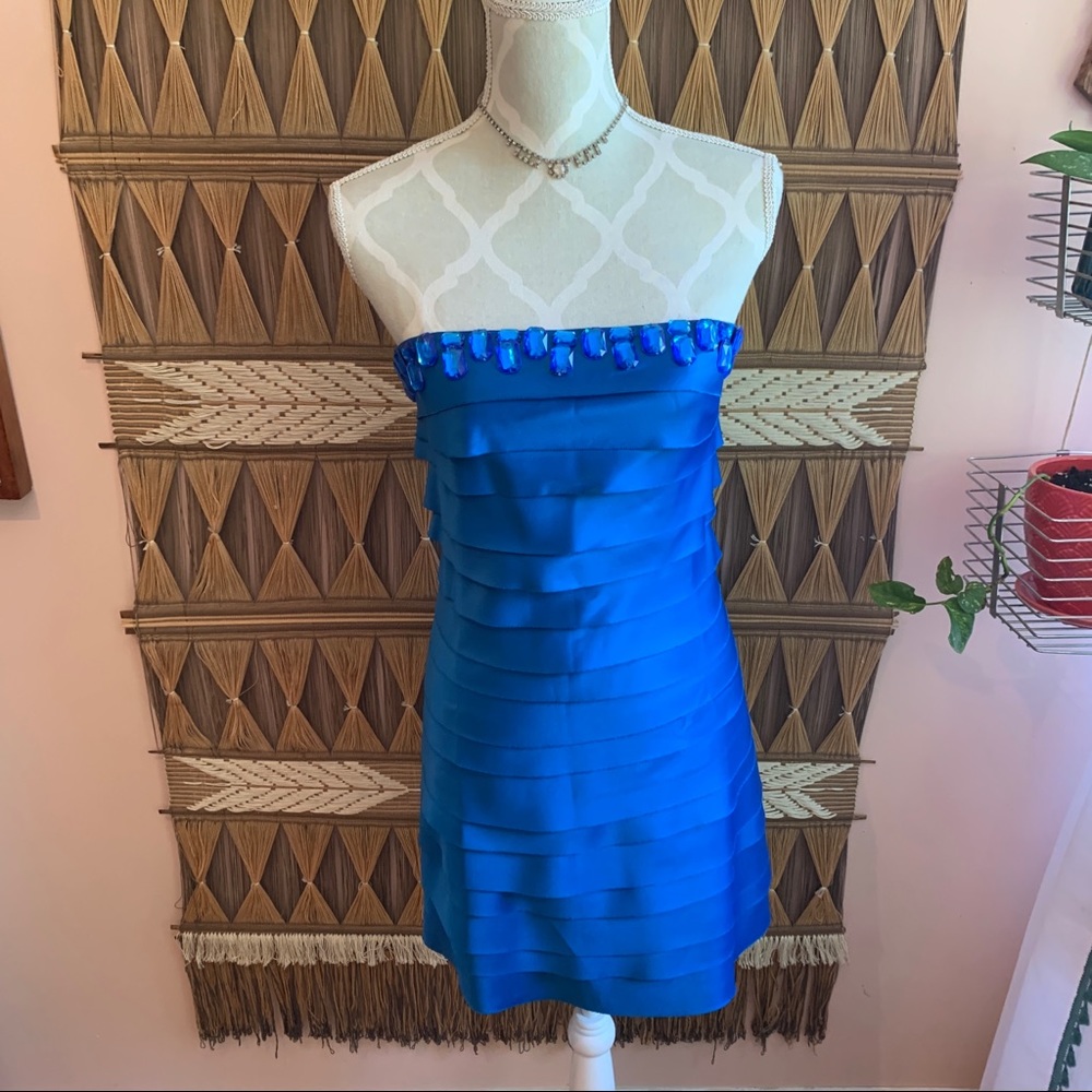 Vintage y2k Blue Strapless, Jewel Embellished, Tiered Cocktail Dress, Sz Medium
